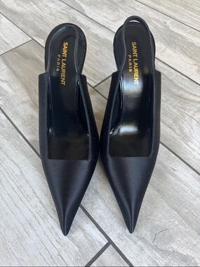 Saint Laurent Black Pointed Satin Slingback Pumps 39.5